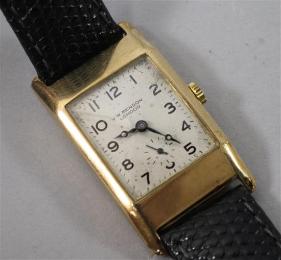 A gentlemans 1930s 9ct gold J. W. Benson manual wind wrist watch,